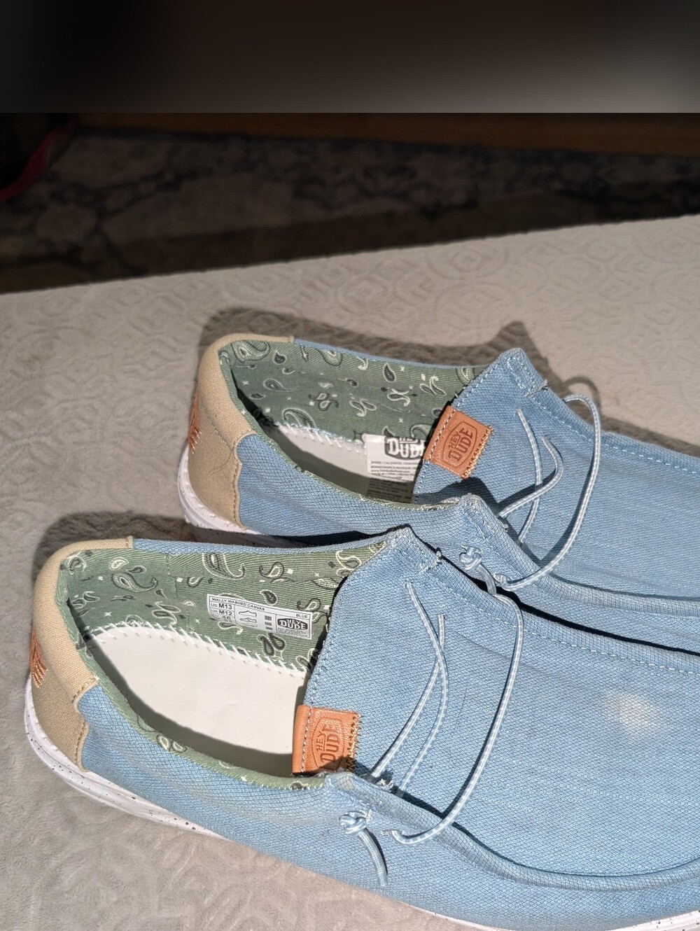 HEY DUDE Wally Washed Canvas Light Blue Casual Slip-On Shoes with Tan Accents